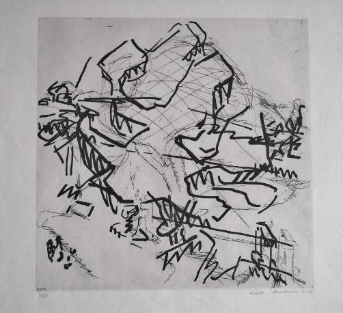 Frank Auerbach vintage framed etching & screenprint `Tretire`, 1976, English